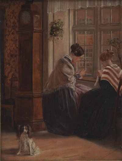 Twee Dames Zitten bij een Raam en Naaien door Christian Rudolph Vogelsang