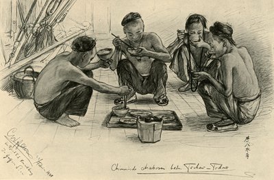 Chinese bemanningsleden eten aan boord van de 