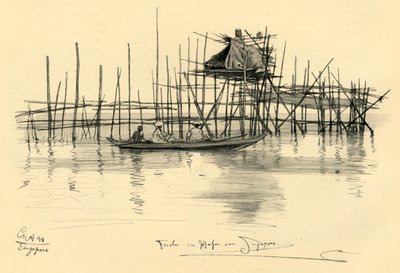Huis op palen en vissers in de haven van Singapore door Christian Wilhelm Allers