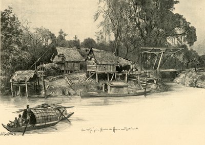 Huizen op palen, Bangkok, Siam. door Christian Wilhelm Allers