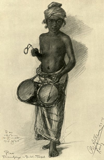 Pina - trommelslager in een boeddhistische tempel, Kandy, Ceylon door Christian Wilhelm Allers
