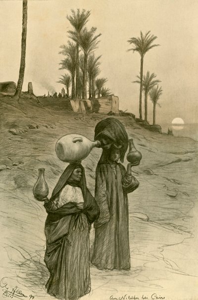 Vrouwen die waterpotten dragen aan de oevers van de Nijl, Caïro, Egypte, 1898 door Christian Wilhelm Allers