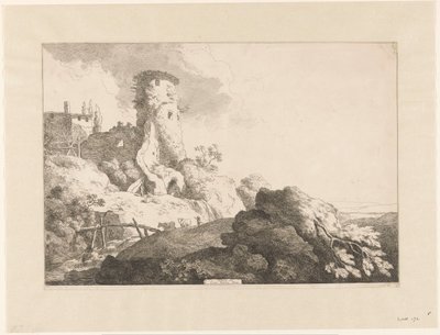 Heuvellandschap met toren door Christian Wilhelm Ernst Dietrich