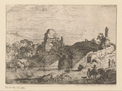 Landschap met de ruïne van een poort naast een vervallen brug door Christian Wilhelm Ernst Dietrich