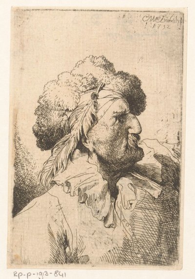 Man met bontmuts en veer door Christian Wilhelm Ernst Dietrich