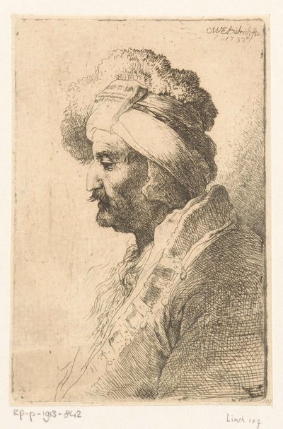 Neerkijkende man met bontmuts door Christian Wilhelm Ernst Dietrich