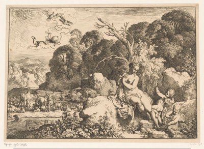 Venus zittend op een rots, vergezeld door drie putti door Christian Wilhelm Ernst Dietrich