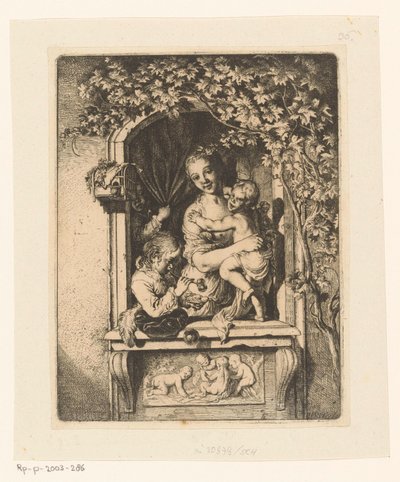 Vrouw met kinderen in gedecoreerd venster door Christian Wilhelm Ernst Dietrich