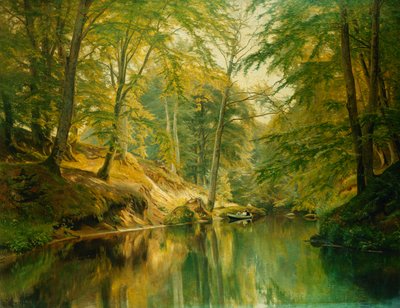 Een Bebost Rivierlandschap met Figuren in een Boot, 1893 door Christian Zacho