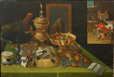 Allegorie van Wereldlijke Rijkdom met de Scène van de Dood van de Rijke Man, ca. 1600 door Christian van den Perre