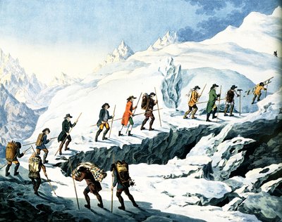 2e Beklimming van de Mont Blanc door Horace-Benedict de Saussure augustus 1787, gekleurde gravure door Marquardt Wocher gepubliceerd in 1790 door Christian von Mechel