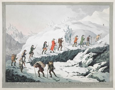 Horace Bénédict de Saussure en zijn gidsen steken een gletsjer over Mont Blanc (gravure) door Christian von Mechel