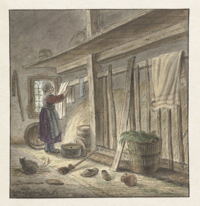 Hoekje van een stal met een meisje dat een doek ophangt door Christina Chalon