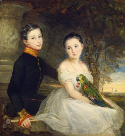 Kinderen met papegaai door Robertson, Christina (1796-1854) door Christina Robertson
