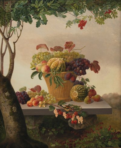 Een mand met fruit in een landschap door Christine Løvmand
