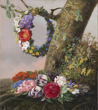 Een boeket bloemen aan de voet van een boom. Aan een tak hangt een bloemenkrans door Christine Løvmand
