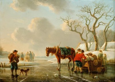 Winteravond aan de bevroren rivier door Christoffel Albertus Vos