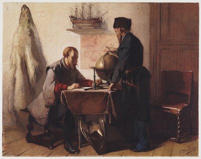 Jacob van Heemskerk en Willem Barendsz. Plannen hun Reis naar de Noordpool door Christoffel Bisschop