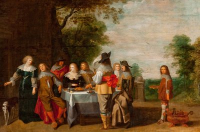 Gezelschap aan een tafel in een park door Christoffel Jacobsz Laemen van der