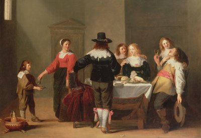 Een wachtkamerinterieur met soldaten die eten en drinken in vrouwelijk gezelschap, 1639 door Christoffel Jacobsz van der Lamen
