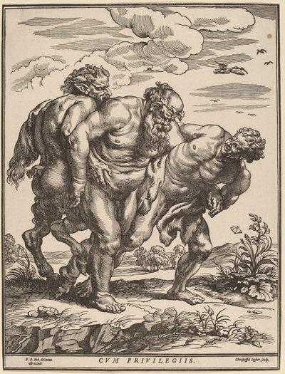 Silenus vergezeld door een sater en een faun door Christoffel Jegher after Sir Peter Paul Rubens