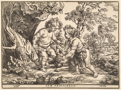 Het kind Jezus en Sint Jan spelen met het lam door Christoffel Jegher after Sir Peter Paul Rubens