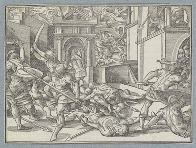 Vechtende soldaten in een stad door Christoffel van Sichem (I)