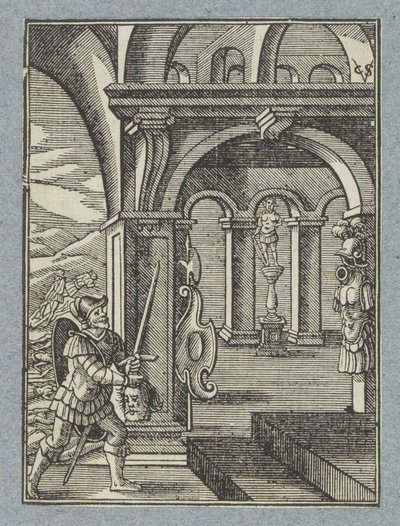 Hoofd van Saul wordt tempel van Filistijnen binnengebracht door Christoffel van Sichem (II)