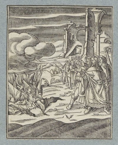 Korach, Datan en Abiram en hun gezinnen worden door de aarde verzwolgen door Christoffel van Sichem (II)