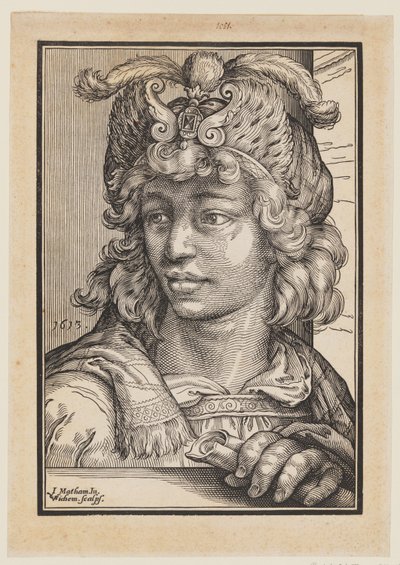Borstbeeld van een jonge man met gevederde muts door Christoffel van Sichem I