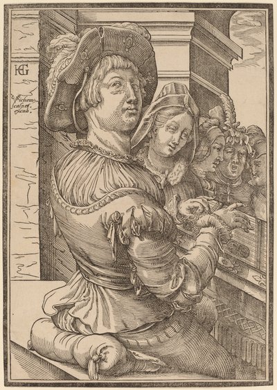 Een Jonge Man die een Psalterium Speelt door Christoffel van Sichem I after Hendrik Goltzius