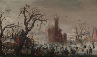 Een winterlandschap met schaatsers en een denkbeeldig kasteel, ca. 1615-20 door Christoffel van den Berghe