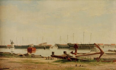 Uitzicht op Nyholm met kraan en oorlogsschepen door Christoffer Wilhelm Eckersberg