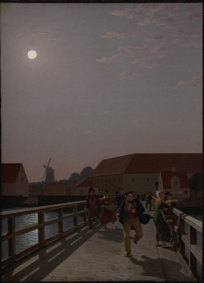 Langebro, Kopenhagen, in het Maanlicht met Rennende Figuren door Christoffer Wilhelm Eckersberg