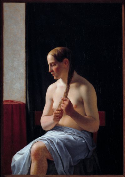Naaktmodel zittend. Portret van een vrouw die haar haar vlecht door Christoffer Wilhelm Eckersberg