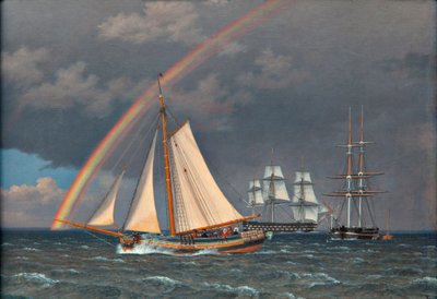 Regenboog op zee met enkele varende schepen door Christoffer Wilhelm Eckersberg