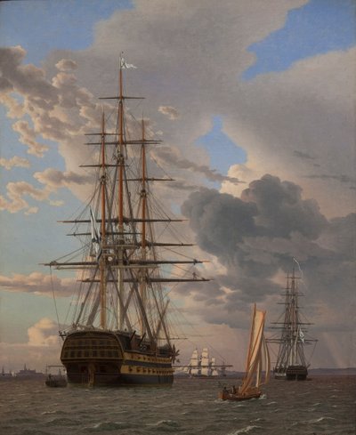 Het Russische linieschip "Asow" en een fregat voor anker in de wegen van Elsinore door Christoffer Wilhelm Eckersberg