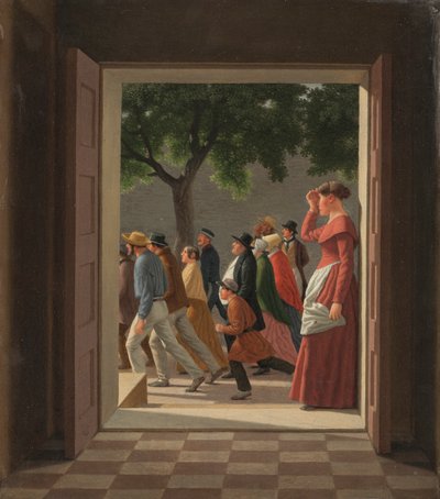 Uitzicht door een Deur naar Rennende Figuren door Christoffer Wilhelm Eckersberg