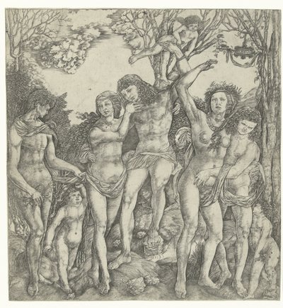 Allegorie op de liefde met liefdesparen en Amor in landschap door Christoforo di Michele Robetta