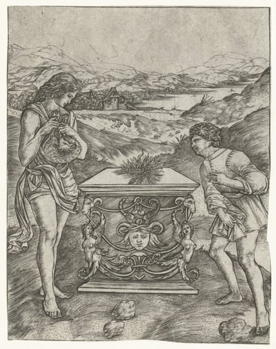 Kain en Abel offeren lam op altaar door Christoforo di Michele Robetta