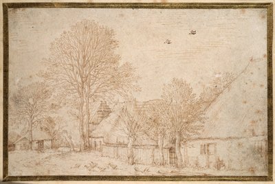 Rieten gebouwen, bijna kale bomen en een kudde ganzen door Kosma Sergejewitsch Petrow Wodkin