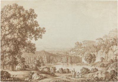 Arcadisch landschap met een Dorische tempel door Christoph Heinrich Kniep