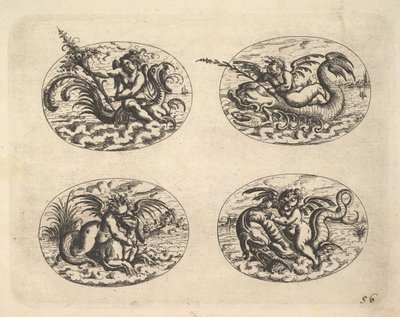 Vier ovalen met genieën, platen uit het Neue Grotessken Buch, 1610 door Christoph Jamnitzer