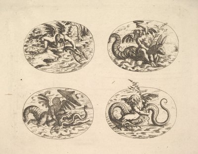 Putti met zeemonsters, platen uit het Neue Grotessken Buch, 1610 door Christoph Jamnitzer