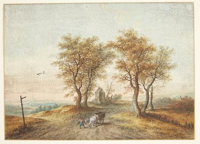 Landschap met bomen langs een landweg en een kapel door Christoph Ludwig Agricola