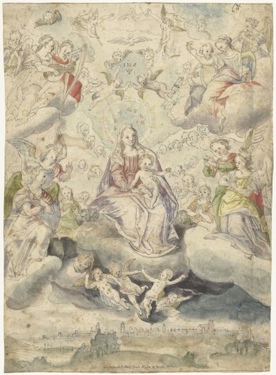 Maria en kind op de wolken te midden van engelen en cherubijnen door Christoph Schwarz