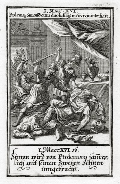 Simon en zijn twee zonen worden gedood door Ptolemaeus. 1 Makkabeeën 14:16, 1695 door Christoph Weigel