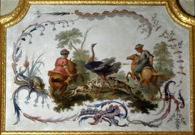 Struisvogeljacht paneel van de grote woonkamer van het kasteel van velden op marl. Muurdecor geschilderd door Christophe Huet door Christophe Huet