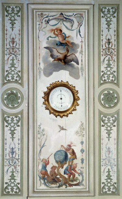 Paneel van de grote woonkamer van het Chateau de Champs sur Marne met barometer en chinoiserie door Christophe Huet