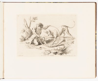 Plaat 2, Le Corps de Chasse (De Jachthoorn), Singeries ou différentes actions de la vie humaine représentées par des singes (Apenstreken of Verschillende Acties van het Menselijk Leven Vertegenwoordigd door Apen) door Christophe Huet